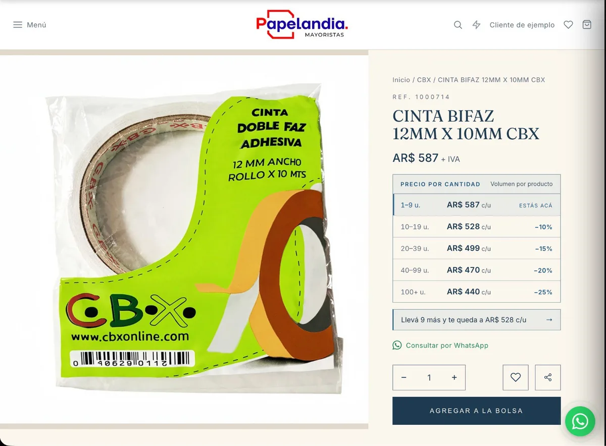 Captura de una tienda mayorista: ficha de producto con tabla de precio por cantidad, tramos con 10 a 25 por ciento de descuento y aviso del próximo nivel
