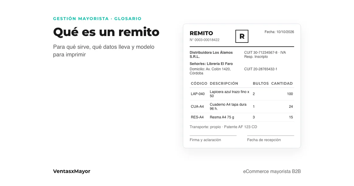 Portada: modelo de remito mayorista con los datos del emisor, el comprador, las cantidades entregadas y la firma de recepción