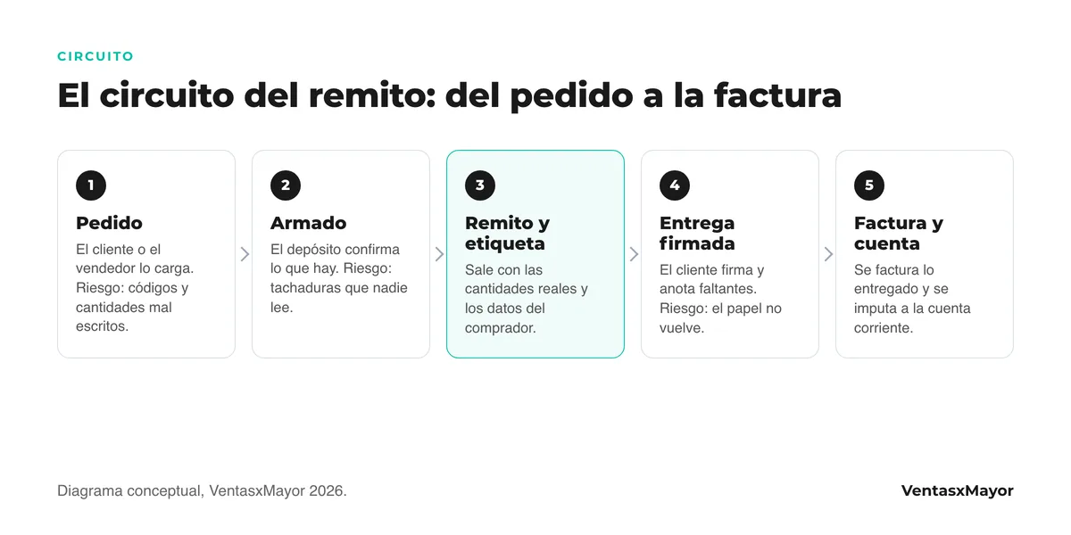 Diagrama del circuito del remito en una distribuidora mayorista: pedido, armado en depósito, remito y etiqueta, entrega firmada, factura y cuenta corriente