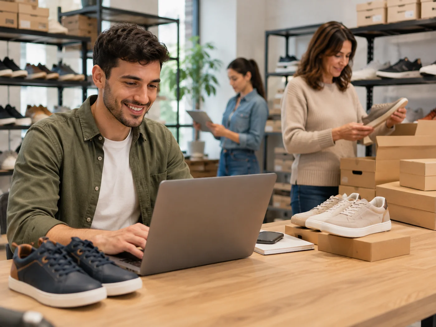 Equipo de una distribuidora de calzado trabajando con notebook y tablet entre cajas de zapatos