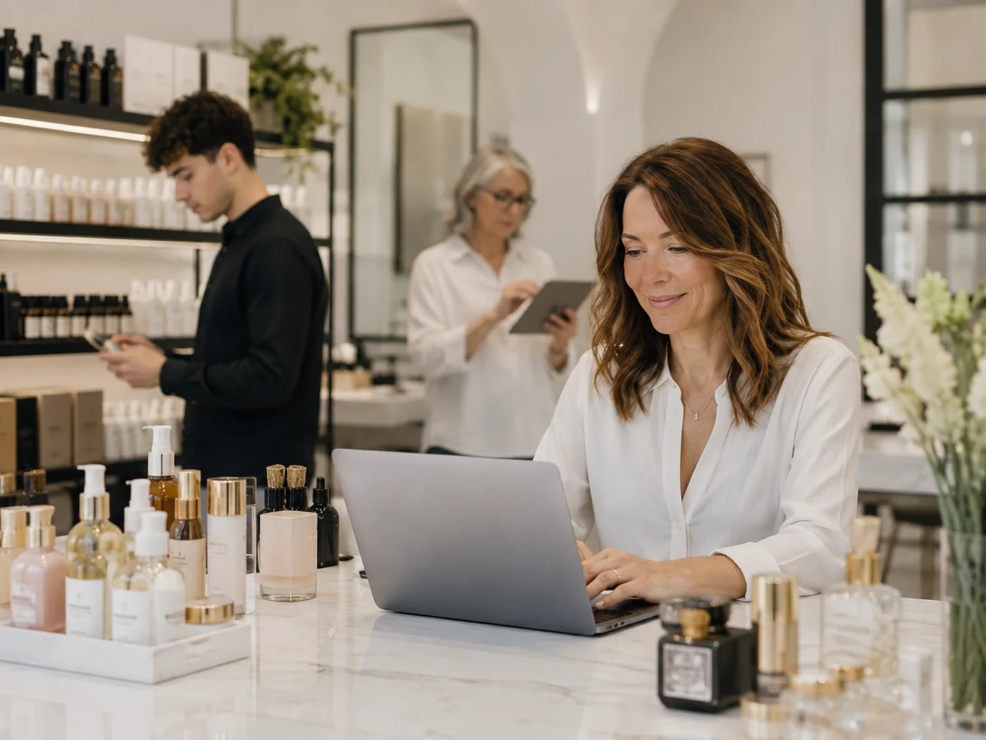 Equipo de una distribuidora de cosmética trabajando con notebook y tablet en el showroom