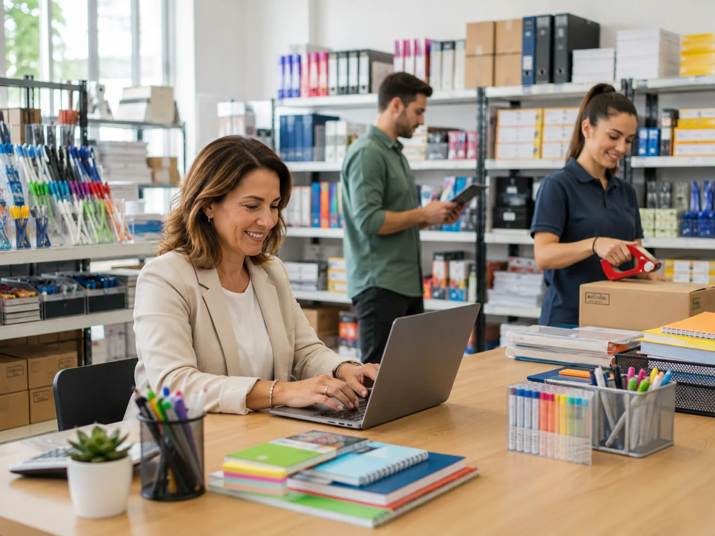 Equipo de una distribuidora de librería trabajando con notebook y tablet entre estanterías