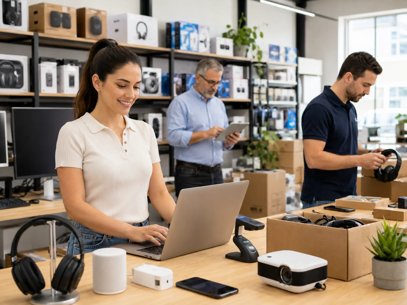 Equipo de una distribuidora de tecnología trabajando con notebook y tablet en el depósito