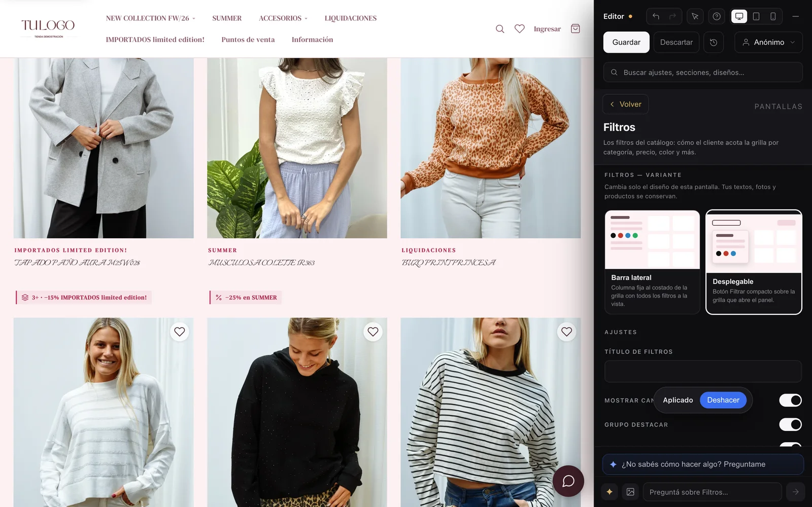 Editor de tiendas de VentasxMayor: a la izquierda la tienda mayorista real con su catálogo, a la derecha el panel de ajustes y el asistente con IA