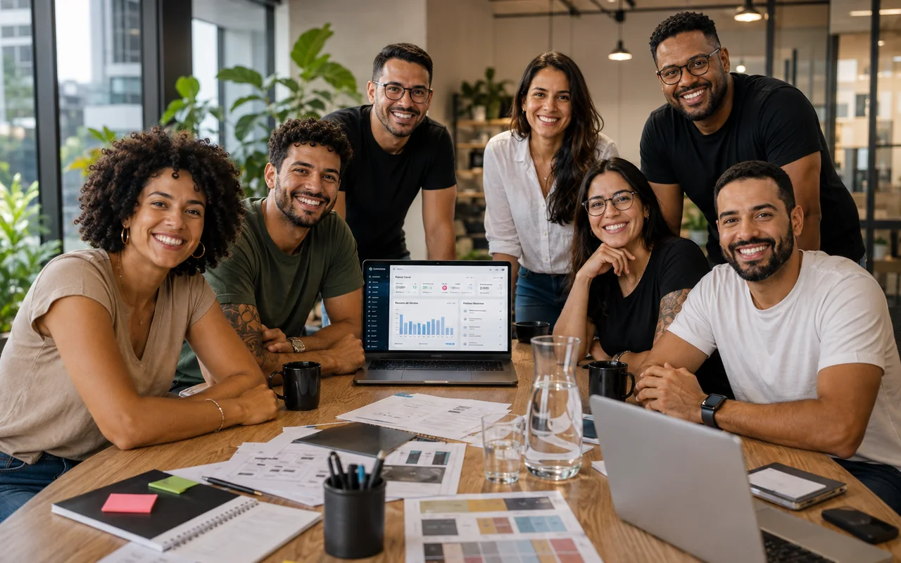 Equipo de una agencia socia de VentasxMayor reunido alrededor de la mesa, con el panel de una tienda mayorista B2B abierto en la notebook
