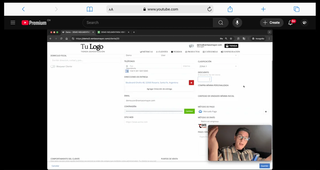 Video de capacitación de VentasxMayor mostrando la ficha de cliente del panel mayorista B2B, con descuento, mínimo de compra y método de pago
