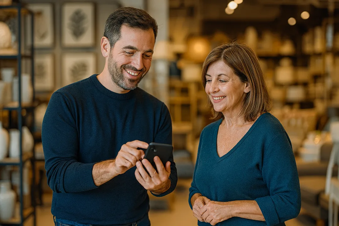 Comprador mayorista y vendedor revisando juntos el ingreso a la tienda B2B desde el celular, sin contraseñas